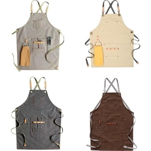 Chef Apron Cotton Canvas Cross Back Adjustable Apron with Pockets for Women and L4MB