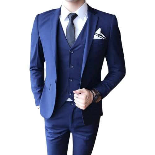 Mens Suit 3 Piece Set Slid Color Jacket Pants Vest Business Wedding Banquet Simple Slim Fit Blazers Coat Trousers Waisocat