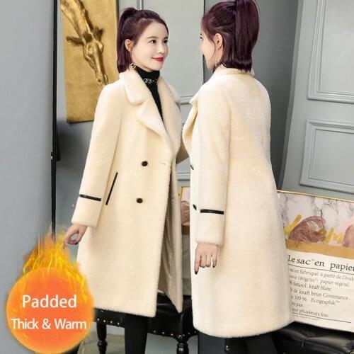 JuneLove Women Autumn Winter Faux Fur Mink Wool Coat Cashmere Outerwear Female Turn-Down Collar Casual Warm Jacket Overcoat