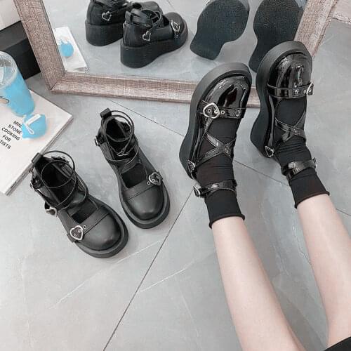 Ankle Strap Lolita Mary Jane Shoes Women Platform Wedges Patent Leather Black Gothic Loafers Chunky Fashion Round Toe Flats