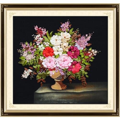 Needlework,DIY Ribbon Cross stitch Set for Embroidery kit,classic table vase flower ribbon Cross-Stitch handwork home wall decor