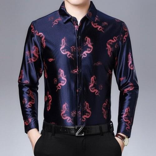 Silk Luxury Blue Dragon Satin Thermal Velvet Warmed Shirts For Mens Red New Year Claret Winter Men Clothing Smooth Husband Dress
