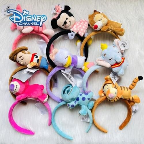 Disney 3D Sleeping Plush Doll Headband Cute Cartoon Dumbo Stitch Alien Headwear Girl Cosplay Kid Soft Original Mickey Minnie Ear