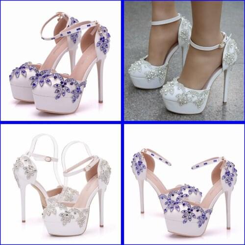 Crystal Queen 14cm Super High Block Heels Wedding Shoes Bride Ankle Strap Woman Sandals Brides Clear High Heels Crystal