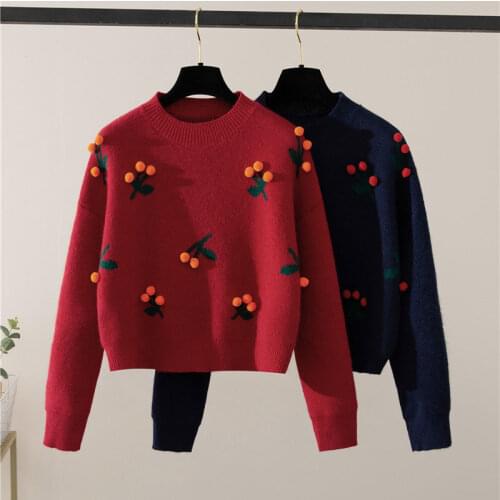 The new cherry short sweater women fall and winter western style loose outer wear casual knit round neck pullover blouse