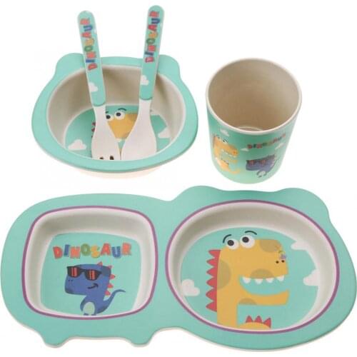 4Pcs/Set Baby Feeding Bowl Dishes Fork Spoon Cup Children Tableware Bamboo Fiber Baby Bowl Kids Cartoon Separation Plate