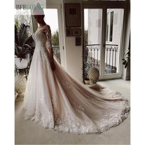 Tulle Lace Half Sleeves V-Neck Bridal Gowns Floor-Length Princess A-Line Wedding Dress Chapel Train