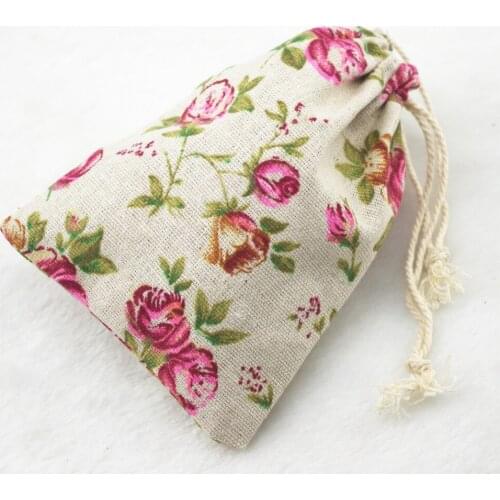 10x14cm Big rose Vintage Cotton Burlap Jute Favour Candy Gift Bags Wedding Party Pouches