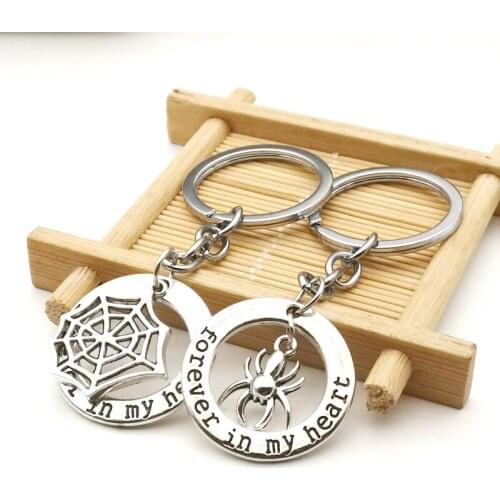 Vintage Spider Web Pendant Keychain Forever In My Heart Couple Friends Key Chains Cute Jewelry Birthday Gift for Men Women Hero