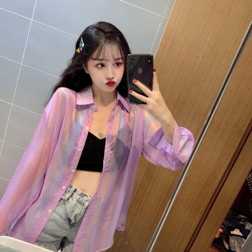 YYCZF Women Summer Holographic Blouse Reflective Colorful Sun-protective Clothing Women Oversized Shirts Plus Size Blusas