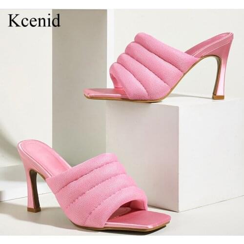 Kcenid 2021 New Summer Women High Heels Slippers Mules Sexy Square Toe Slides Female Thick Mesh Ladies Dress Party Shoes Pink