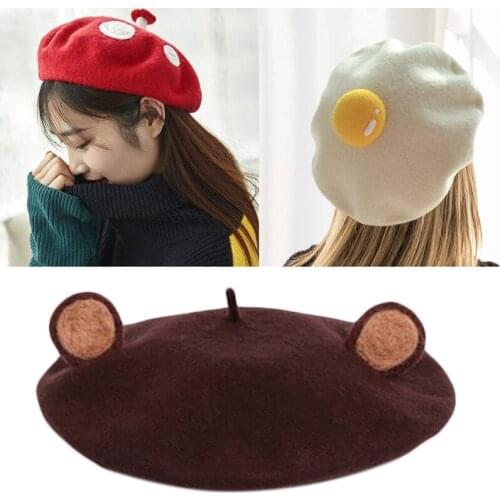 Women Winter Autumn Faux Wool Beret Hat Cute 3D Brown Bear Ears Animal Vintage Artist Painter Beanies Pumpkin Cap