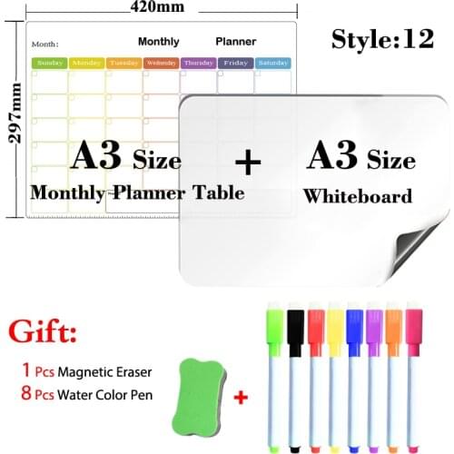 2PC A3 Size Magnetic Weekly Planner Table and Whiteboard Dry Erase Board Writing Supplies Message Board 8 Colors Marker Pen