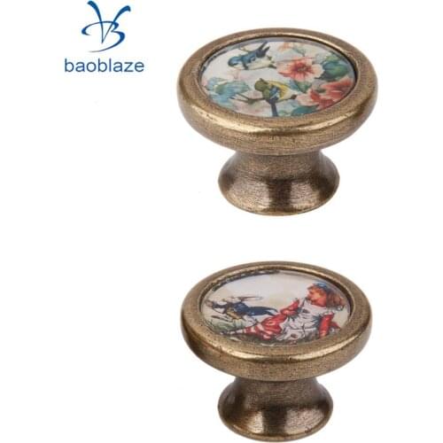 2 Pieces Vintage Retro Brass Round Cabinet Door Drawer Closet Dresser Pulls Handle Knobs with Screws Rabbit Girl + Birds Flower