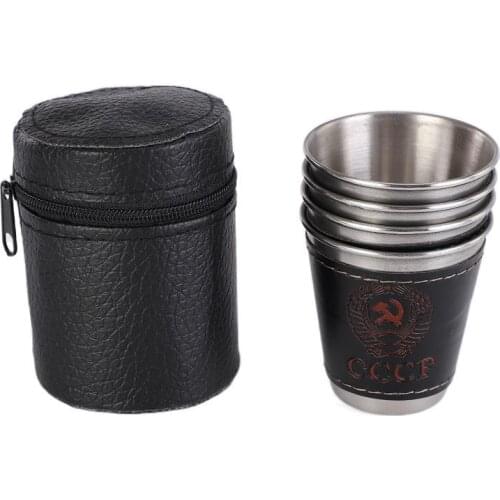 4pcs/lot 70ml Outdoor Camping Tableware Travel Cups Set Picnic Supplies Stainless Steel Wine Beer Cup Whiskey Mugs PU Leather