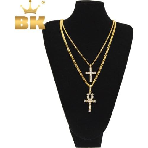 Egyptian Ankh Key Of Life And Cross Necklaces Pendants Set Full Rhinestone Fashion Necklace For Women Men Hip hop Jewelry