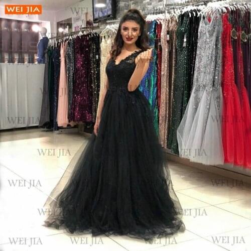 Elegant Black Prom Gowns Long Sexy V Neck Vestidos De Fiesta 2021 Tulle A Line Formal Women Dresses Party Special Occasion Dress