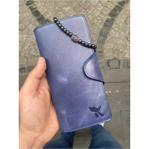 Karali Leather Phone Compartment Crazy Navy Blue Ziplock Genuine Leather Wallet-zircon Bracelet Gift