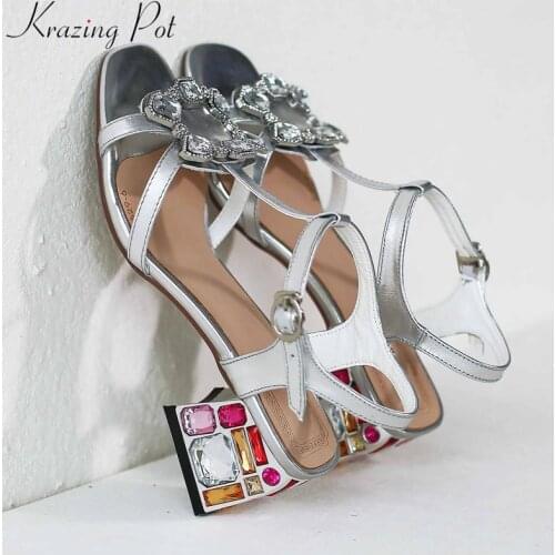 Krazing pot genuine leather peep toe crystal buckle bling high heels diamond-studded shiny summer gorgeous big size sandals L32