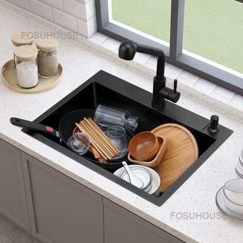 Kitchen Sink Black Nano Single Trough 304 Stainless Steel Thickened Dish Washing Basin Dish Washing Basin Kitchen Basin Manual