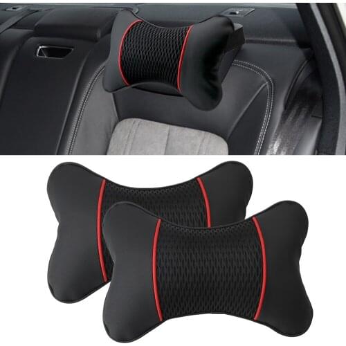 LEEPEE 2Pcs Car Headrest Neck Pillow Car Accessories Interior PU Leather Knitted Support Seat Accessories Travel Neck Pillow