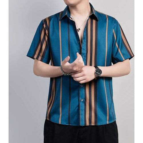 Summer Mens Shirt Casual Short Sleeve Turn Down Collar Striped Print Shirts for Men Satin Korean Clothes Streetwear Harajuku