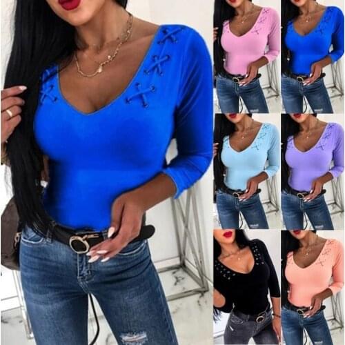 Hot Sale New Arrival 2021 Autumn Fashion Solid Color Eyelet Rope Long Sleeve Casual Womens T-Shirt
