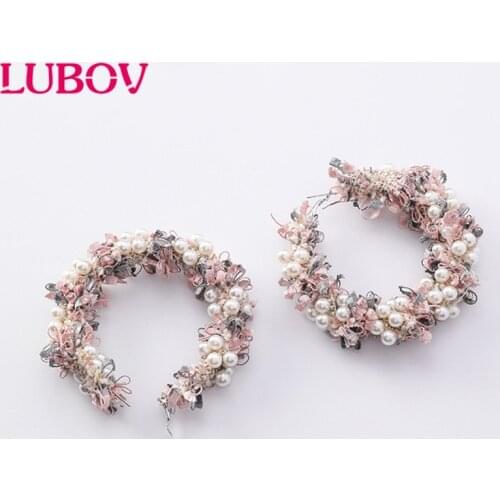 LUBOV Korean New Fashion Lace Wreath Big Circle Earrings For Women Handmade Simulated Pearl Statement Dangle Oorbellen 2019