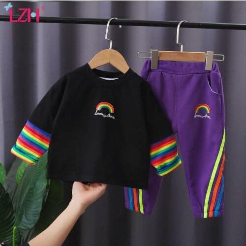 LZH 2021 Spring Fashion Childrens Clothes Rainbow Long Sleeve Pullover Trousers 2Pcs Sets All-Match Baby Boy Set New Girls Suit