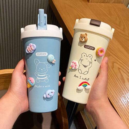 Airless Bottle Water Bottle Straw Cups Sticker Summer Cold Insulation Hot Coffee Mugs Cute 500ml Portable Travel Out Drinkware