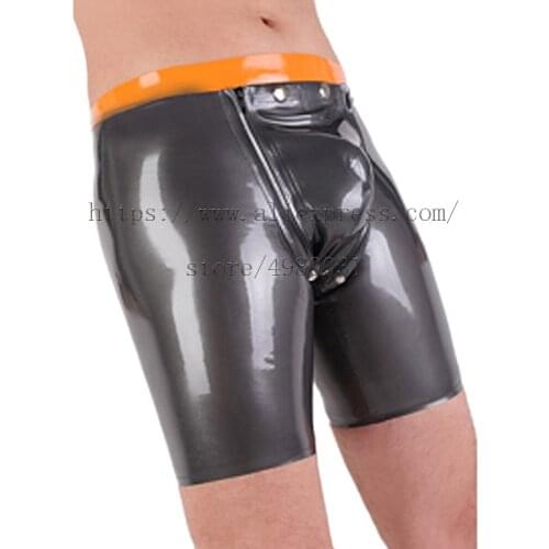 Novelty Fetish latex shorts men with codpiece and open holes in black color