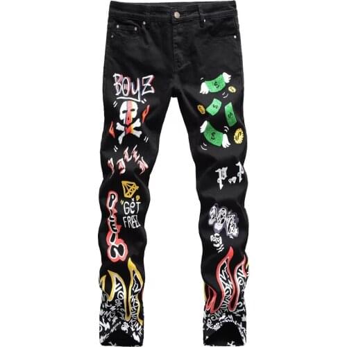 New Young Mens Fashion Print Jeans Autumn Casual Denim Pants Skinny Jean Men
