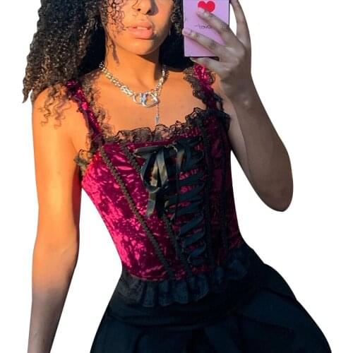 Sexy Velvet Lace Red Camisole Tops Women Vintage V Neck Bandage Tank Top 2021 Fashion Club Party Elegant Crop Top Streetwear