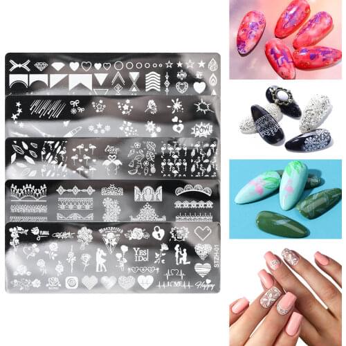 Pinkiou Nail Art Stamping Plates, Gel Polish Transfer Stencils Nail Art Template,5 Piece Nail Printing Stamping Steel Plates Set