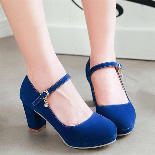 Mary Jane Shoes for Women High Heels Platform Pumps Round Toe Buckle Strap Block Heel Ladies Shoes Office Dress Shoes Blue Black
