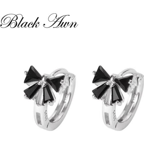 Black Awn New Classic 925 Sterling Silver Bow Black Trendy Spinel Engagement Hoop Earrings for Women Fine Jewelry Bijoux I172