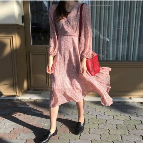 Women Spring Long Floral Chiffon Princess Dress V-neck Sexy A-line Vestidos with Belt Slim Waist Elegant Bodycon Robe Femme
