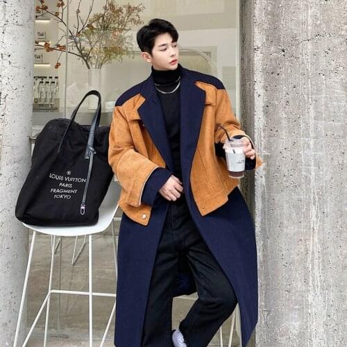 Winter Mens Loose Wool Blends Overcoat Mixed Color Patchwork Single Breasted Long Thick Coat M41
