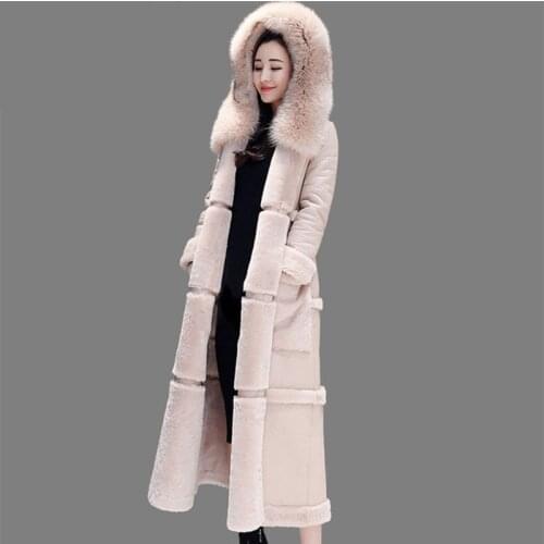 Winter Faux Leather Coat Hooded Parka Female Fashion Faux Fur Coat X-Long jacket Thick Warm Wool Sheep Leather Overcoat 867