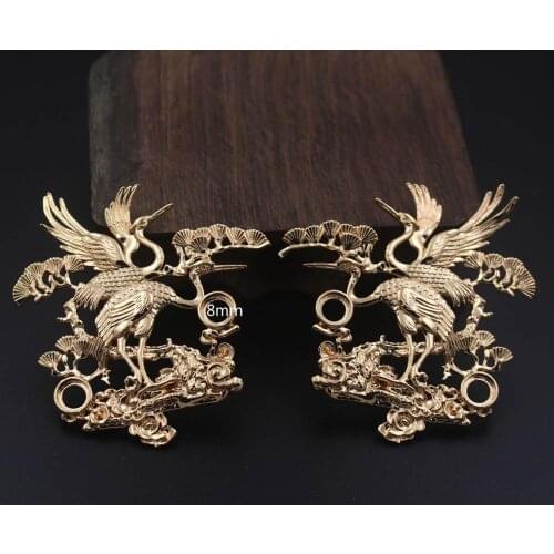 2pairs Brass Casted Cranes Pine Tree Branch Oriental Charms 8mm Open Back Cameo Base Quality DIY Hair Head Jewelry Accessories