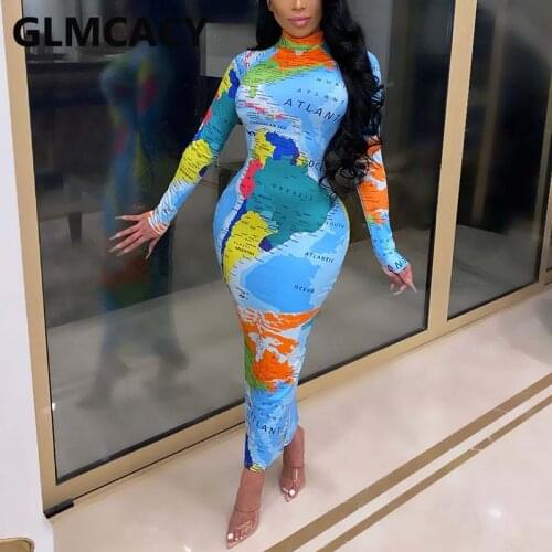 4 Colors Women Map Printed Maxi Pencil Dress Elegant Party Club Long Dresses Robe