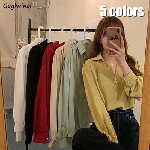 Blouses Shirts Women Turn Down Collar Beading Elegant Solid Fashion Office Ladies All-match Vintage Casual Chic Autumn Spring