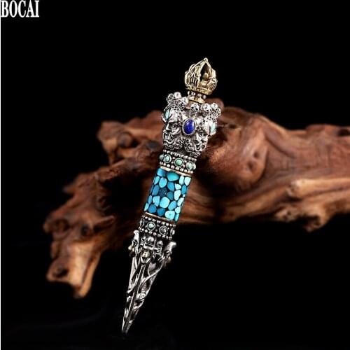 BOCAI New s925 Silver Jewelry Vintage Natural Turquoise Vajra Pendant for Man 2021 Trend Good Luck Mens Pendant