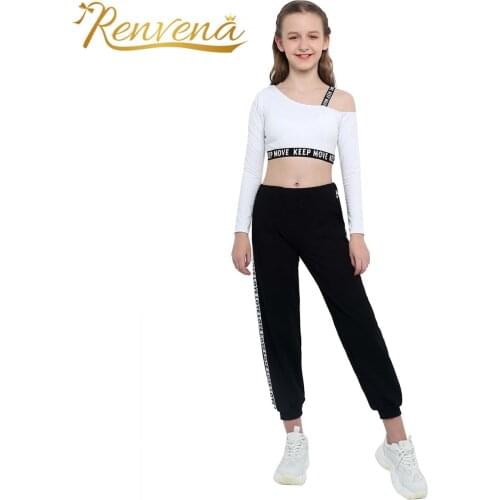 Kids Girls Yoga Sets Two Pieces Sportswear Long Sleeve Letters Printed Crop Top + Pants Childrens Clothing Set for Gym Workout