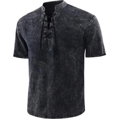 Gothic Punk V Neck Tshirt For Men Casual Vintage Hip Hop Summer Tee Vintage Lace-Up Tie Short Sleeve Top Homme Топ Clothes 4