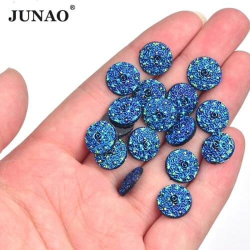 JUNAO 50pc 12mm Black AB Resin Crystal Round Flower Rhinestone Flatback Strass Stones Glitter Cabochon Beads for Garments Crafts