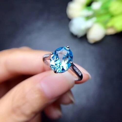 Natural blue topaz gem Ring Natural gemstone ring 925 sterling silver trendy simple big round women party gift Jewelry