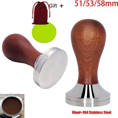 304 Stainless Steel Coffee Tamper Mat Red Sandalwood Handle Coffee Powder Hammer 51/53/58mm Cafe Accessories