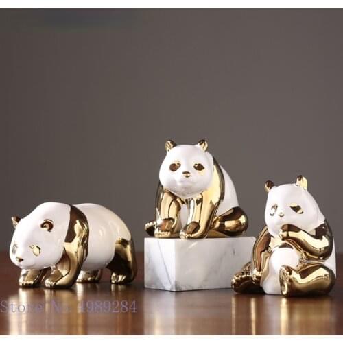 Creative ceramic animal crafts ornaments Golden panda Animal sculpture Cute panda Handmade Home decoration accessories