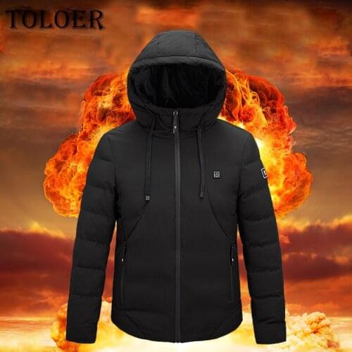 Mens Heated Jacket Outdoor Coat USB Electric Battery Long Sleeves Heating Hooded Drawstring Jackets Male Winter Thermal Clothing